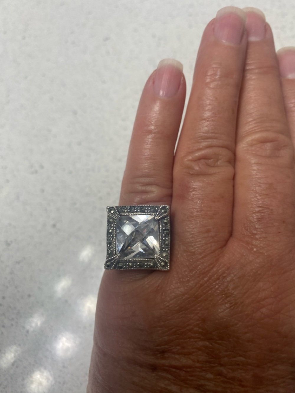 Vintage Silver Square Princess Cut Stone with Marcasite Ring